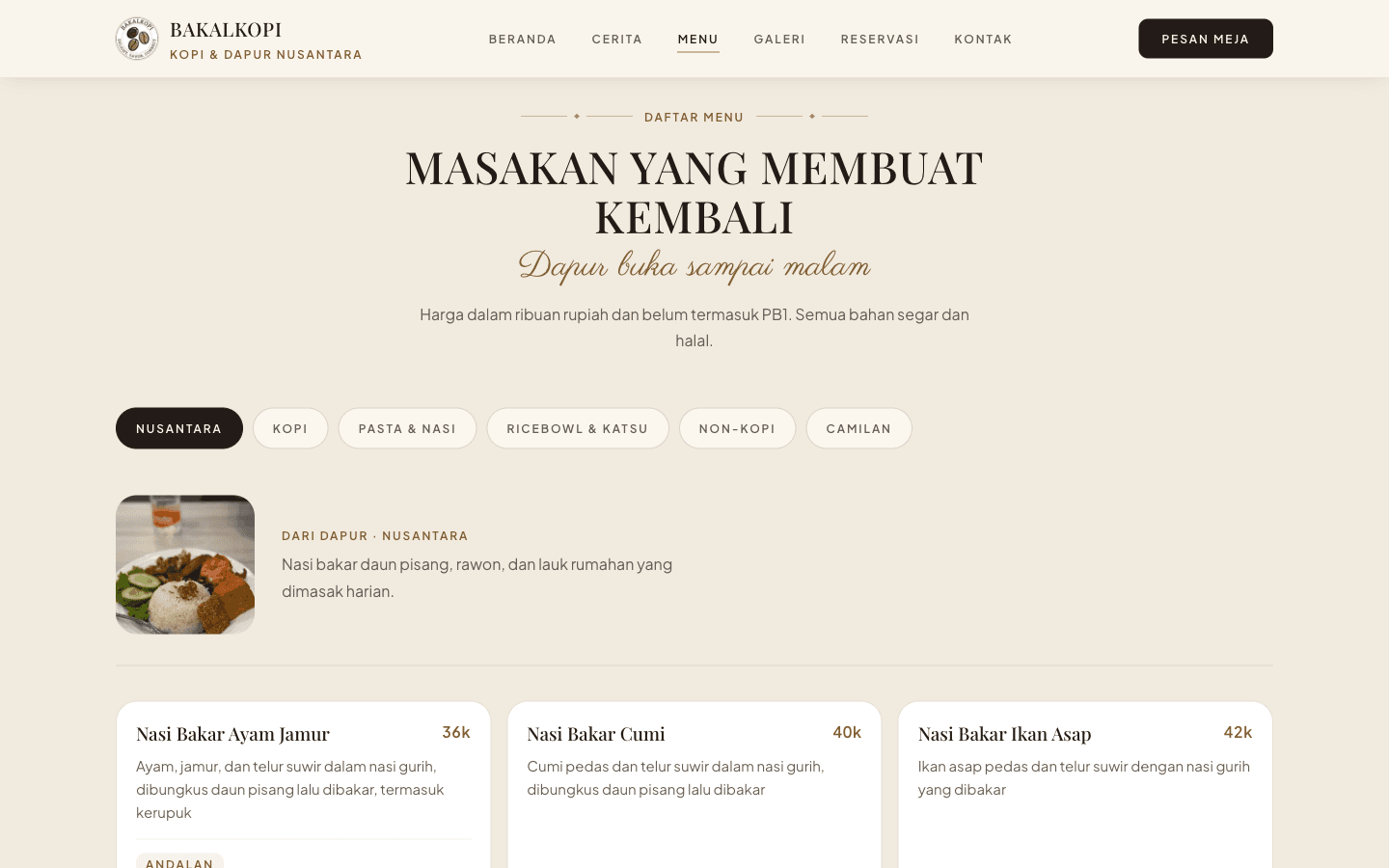 Digital catalog of coffee, beverages, and traditional dishes
