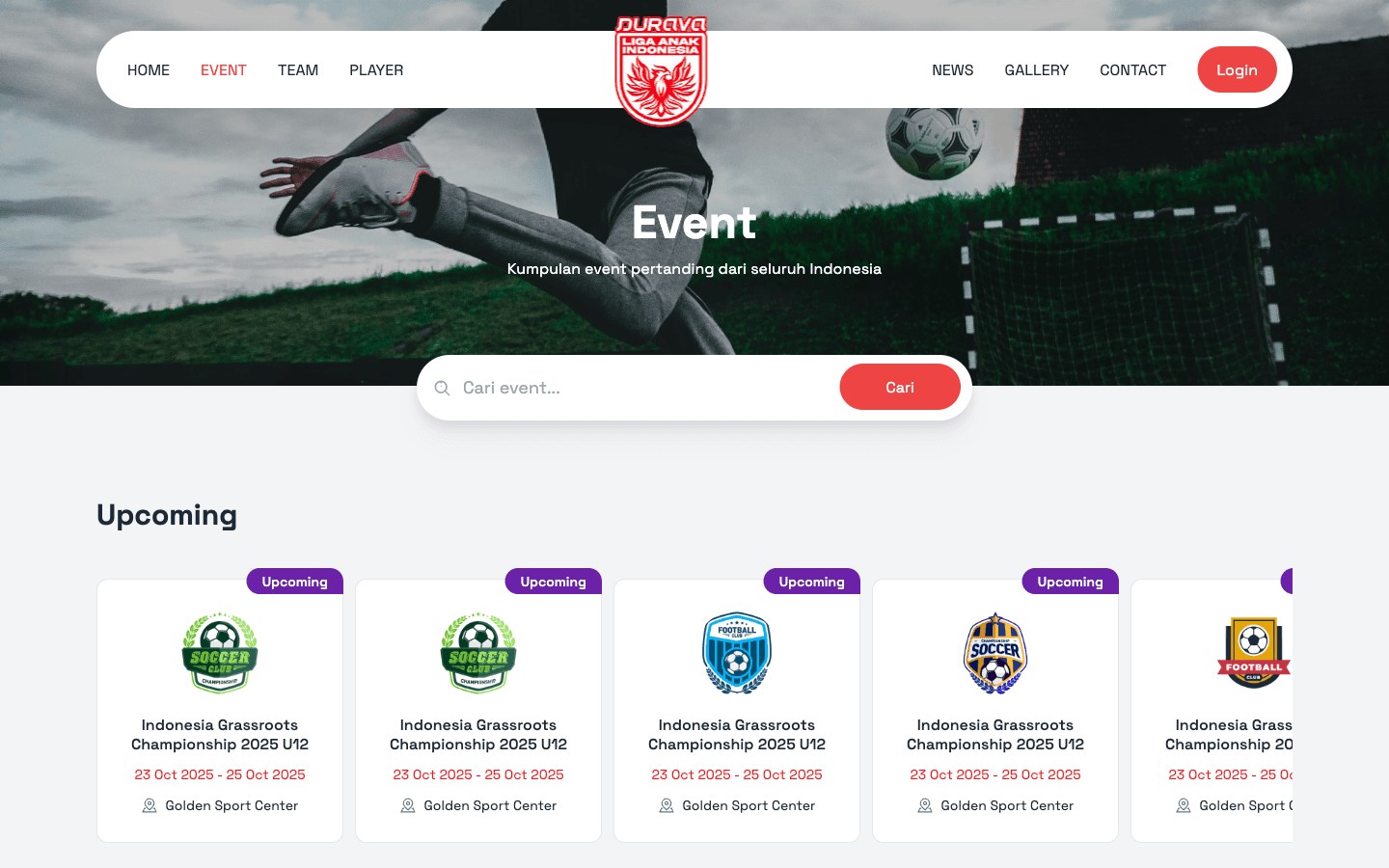 Tournament events directory and match schedule timeline