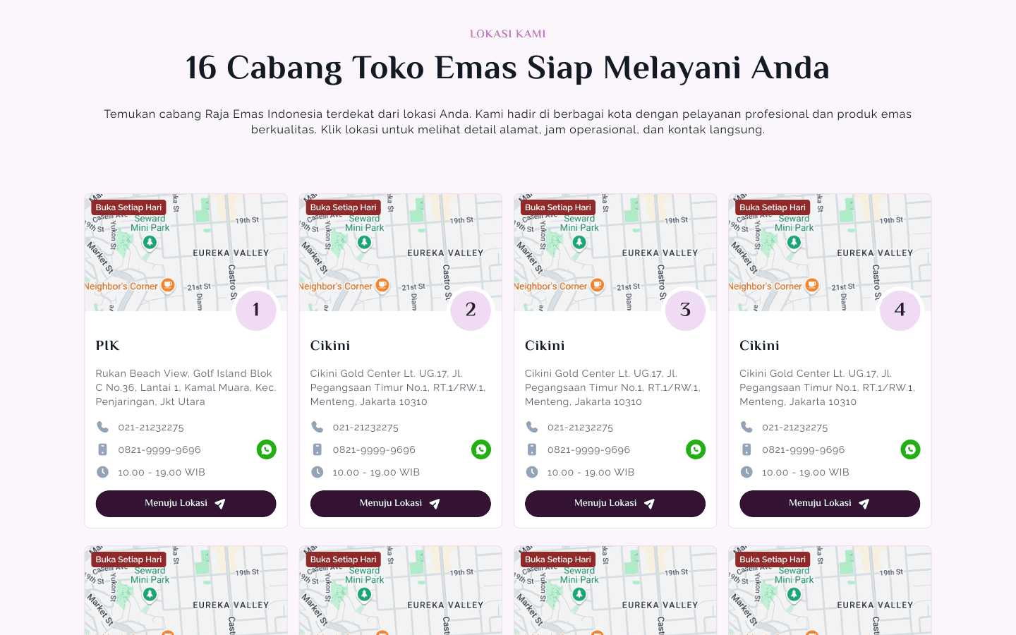 Multi-city store branch directory and outlet location cards
